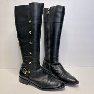 MICHAEL Michael Kors Carney Black Leather Gold Stud Buckle Tall Knee Boots 6.5